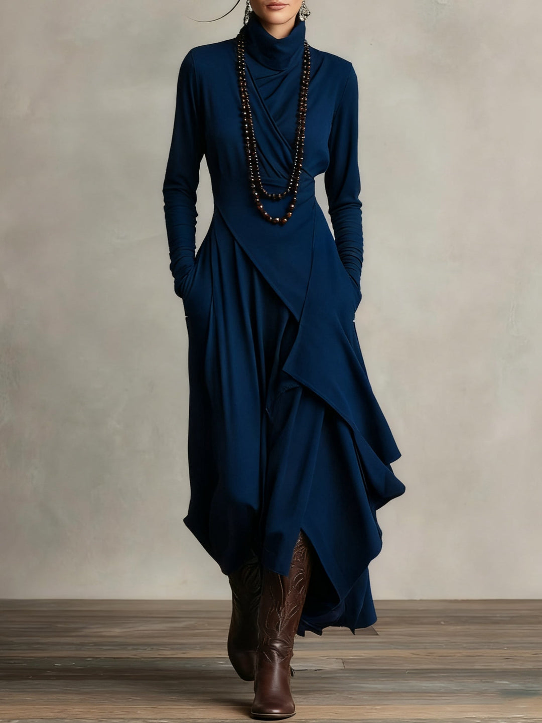 Aurea | Elegant High-Neck Asymmetric Maxi Dress