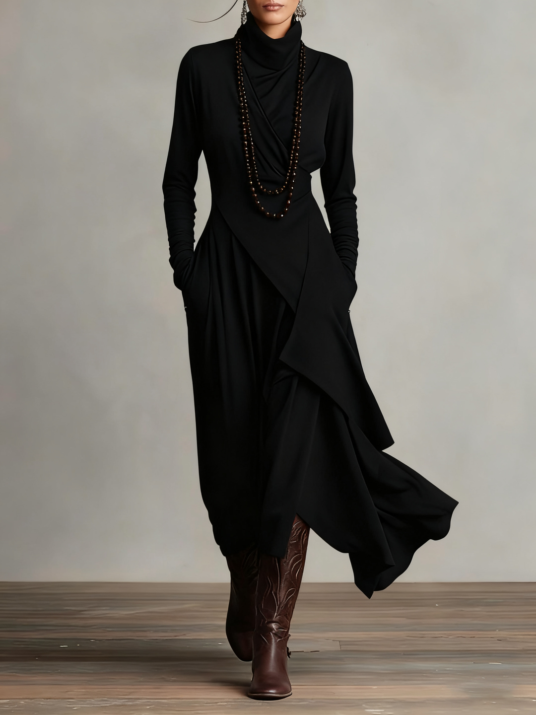Aurea | Elegant High-Neck Asymmetric Maxi Dress
