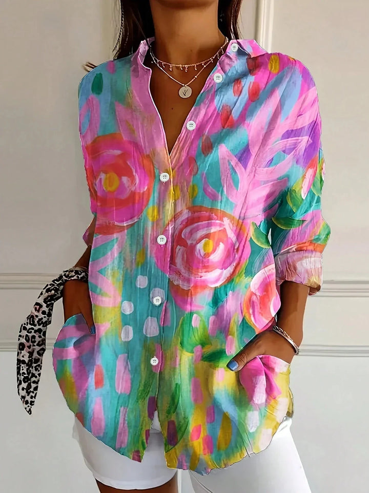 Artistic Print Relaxed Button-Up Blouse