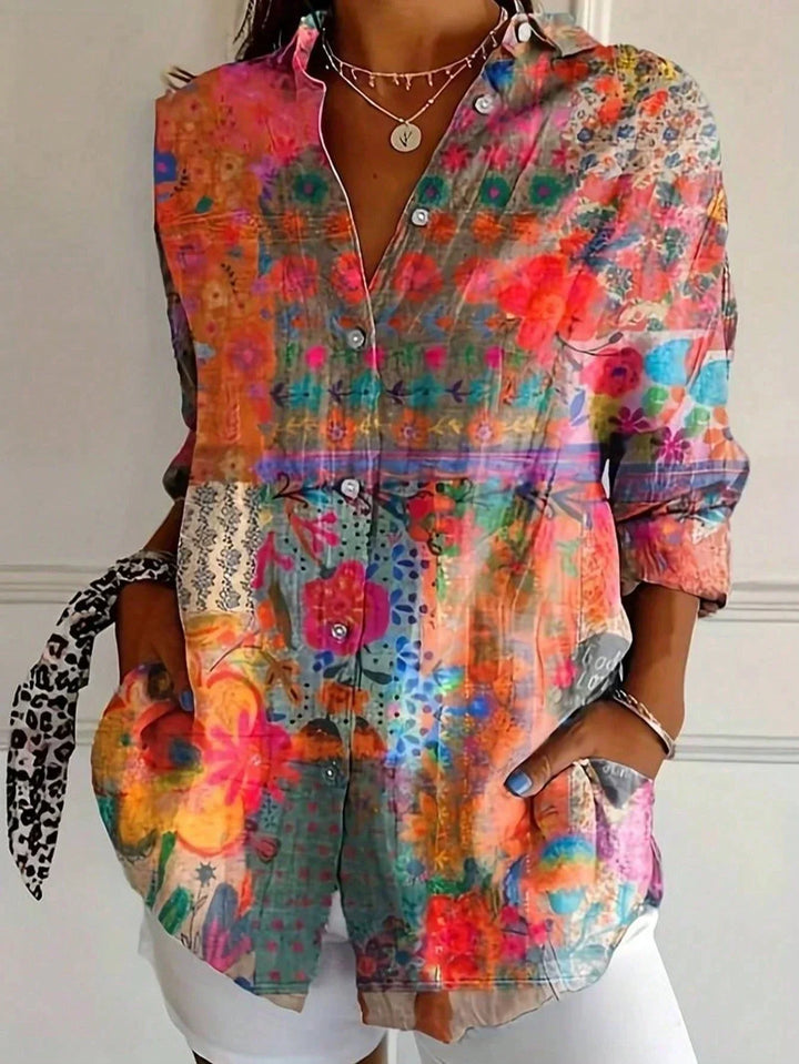 Artistic Print Relaxed Button-Up Blouse