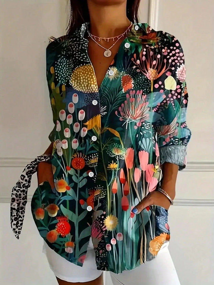 Artistic Print Relaxed Button-Up Blouse