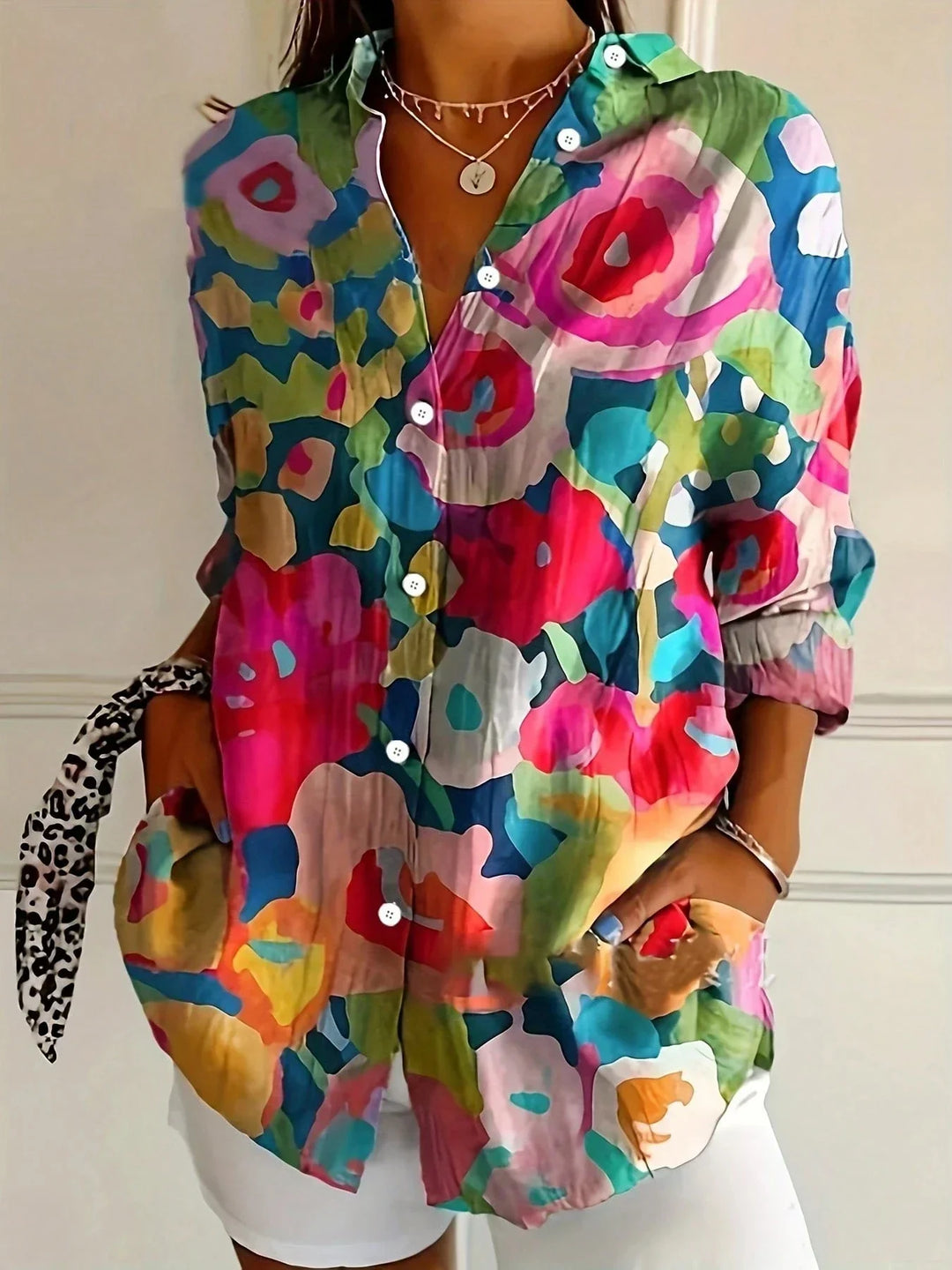 Artistic Print Relaxed Button-Up Blouse