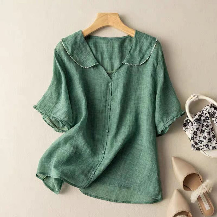 Button-Up Blouse with Scalloped Collar
