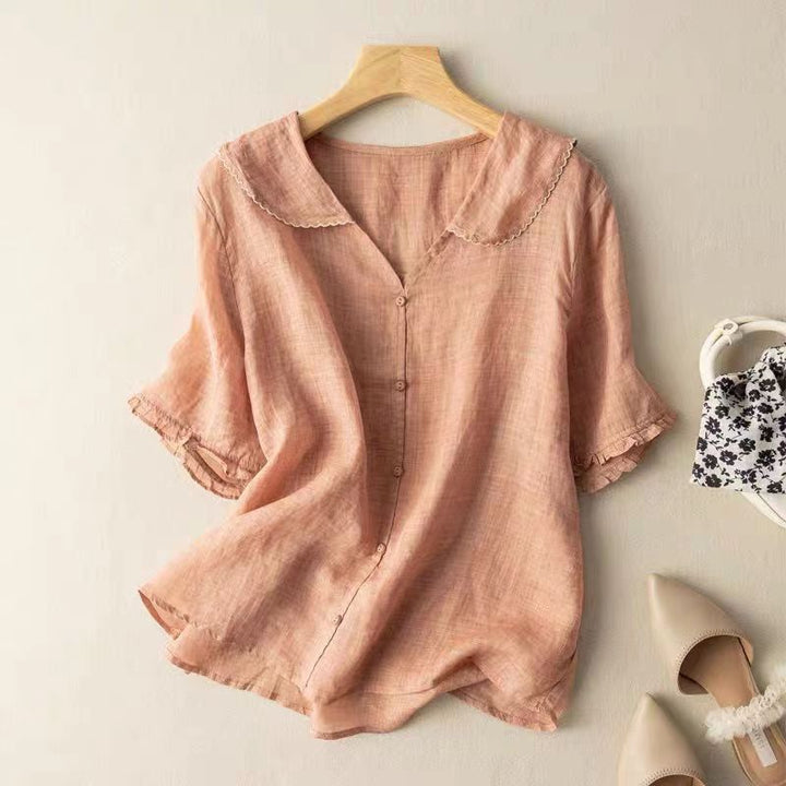 Button-Up Blouse with Scalloped Collar