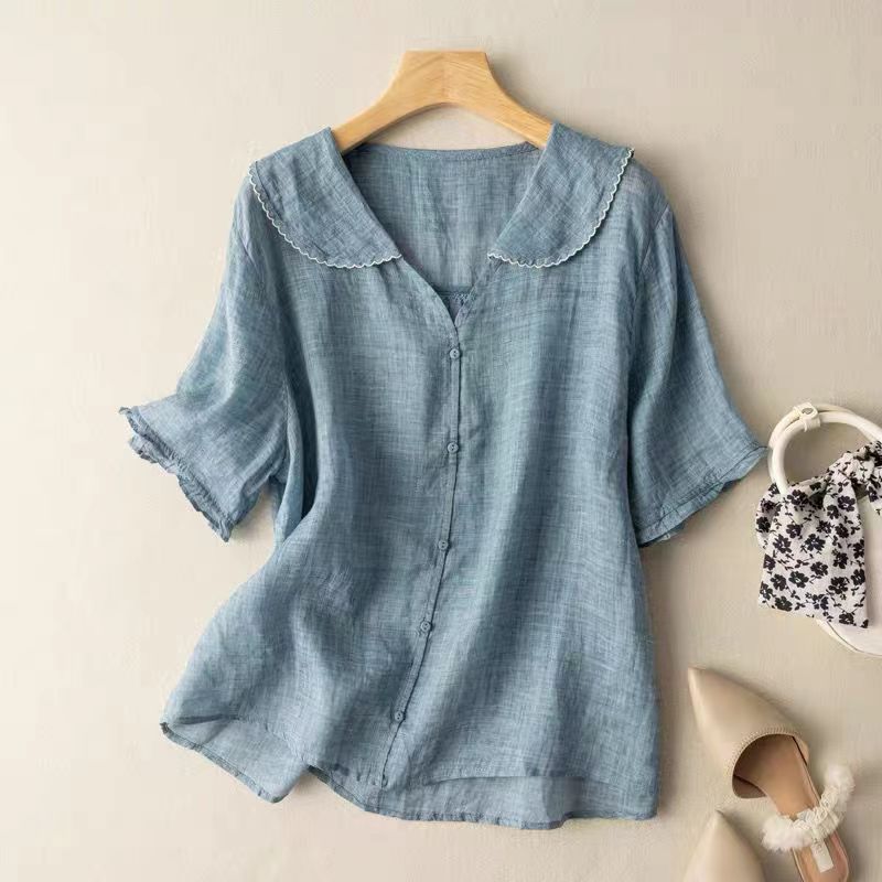 Button-Up Blouse with Scalloped Collar