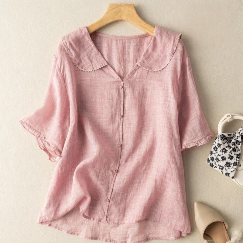 Button-Up Blouse with Scalloped Collar