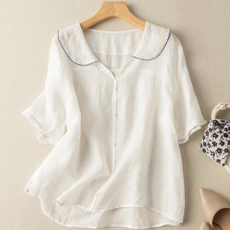 Button-Up Blouse with Scalloped Collar