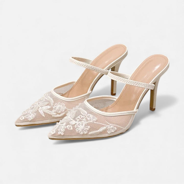 Embroidered Mesh Pointed Toe Mule Heels