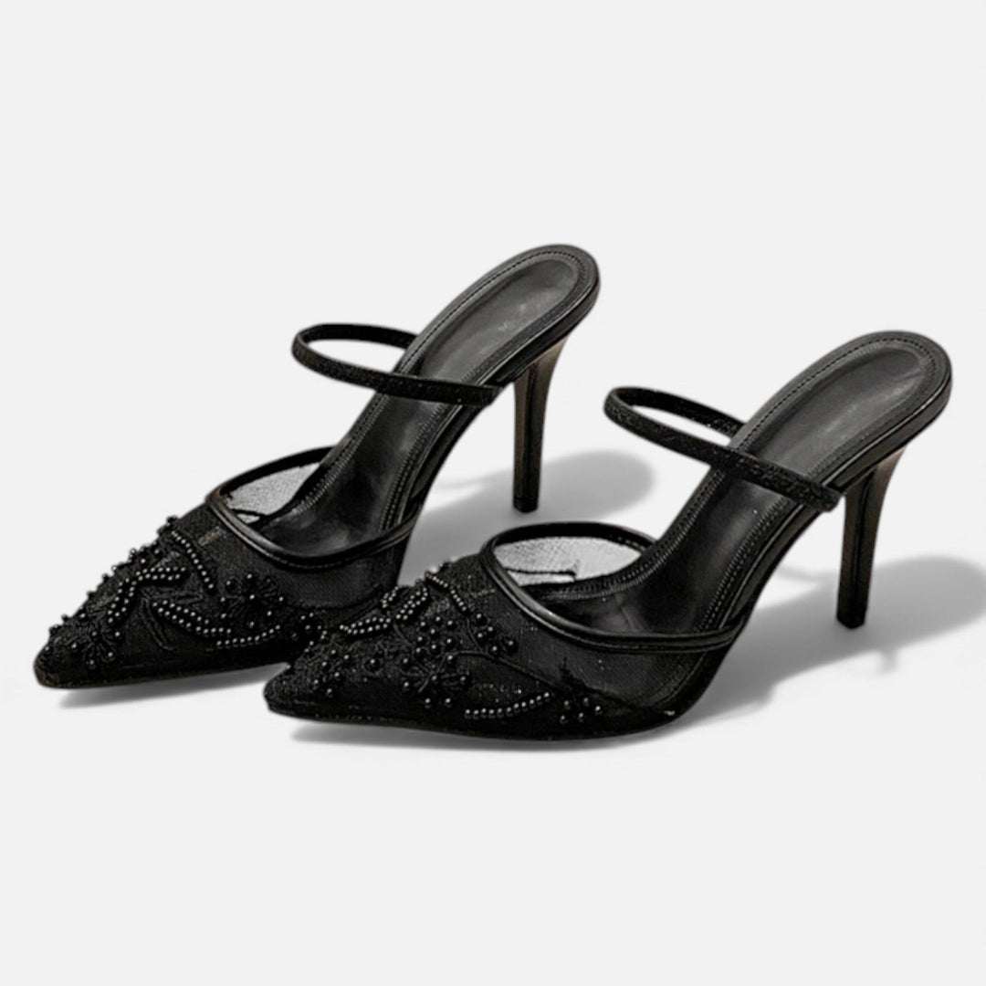 Embroidered Mesh Pointed Toe Mule Heels