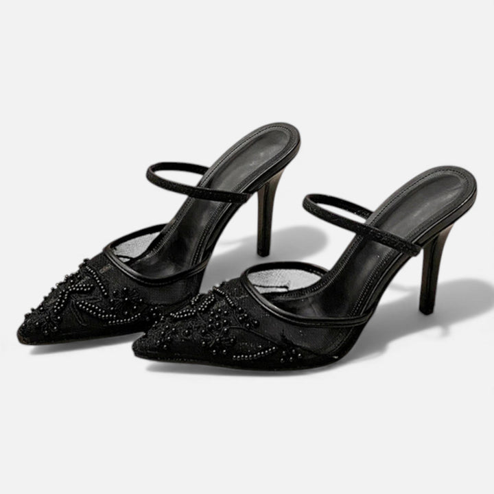 Embroidered Mesh Pointed Toe Mule Heels