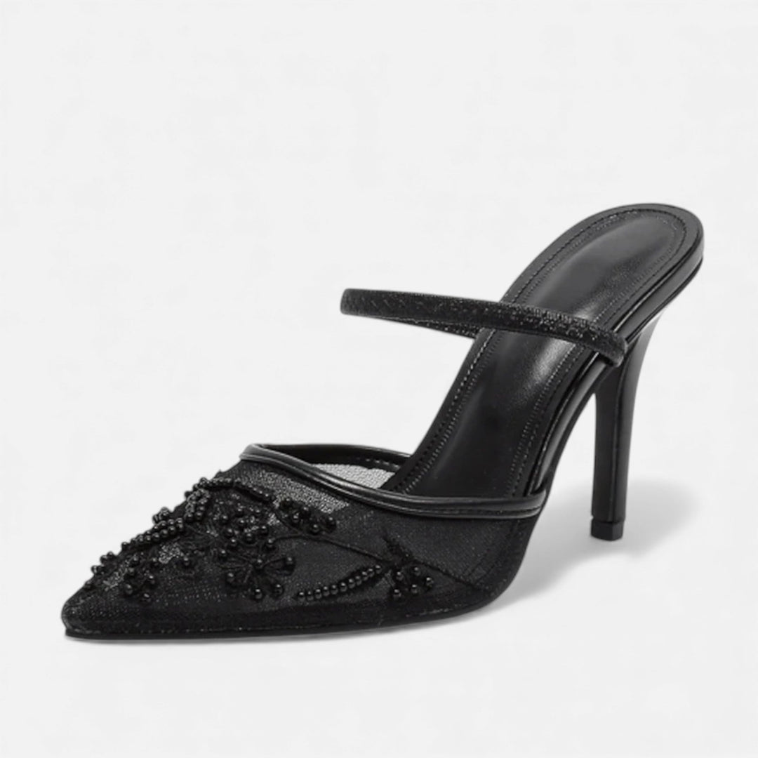 Embroidered Mesh Pointed Toe Mule Heels
