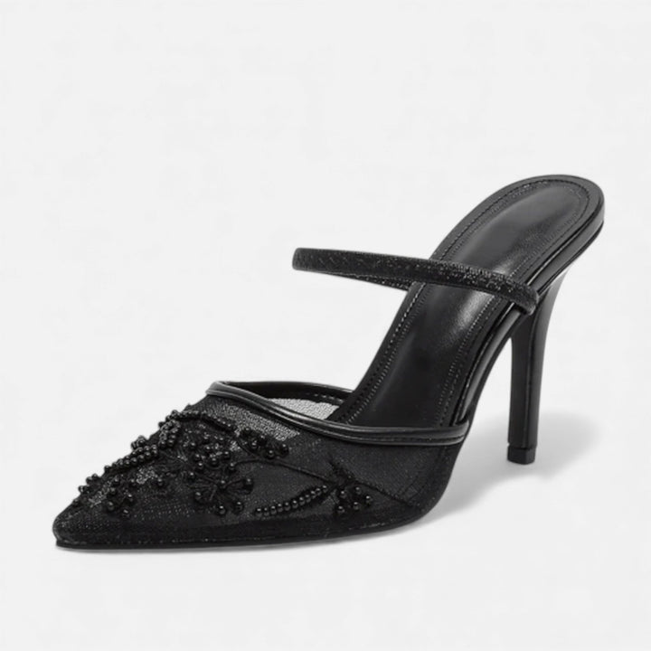 Embroidered Mesh Pointed Toe Mule Heels