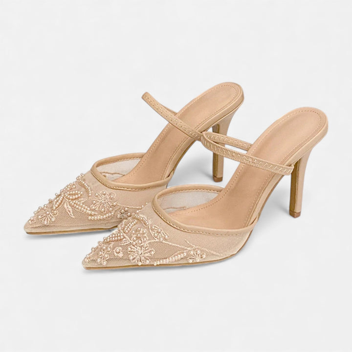 Embroidered Mesh Pointed Toe Mule Heels