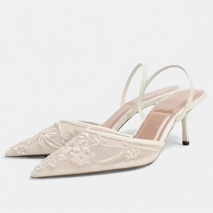 Embroidered Mesh Pointed Toe Mule Heels