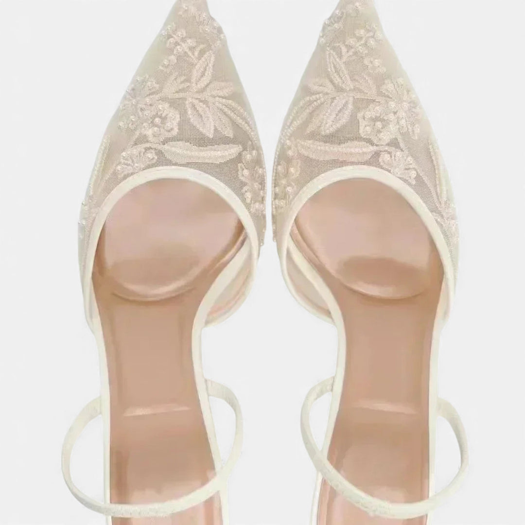 Embroidered Mesh Pointed Toe Mule Heels