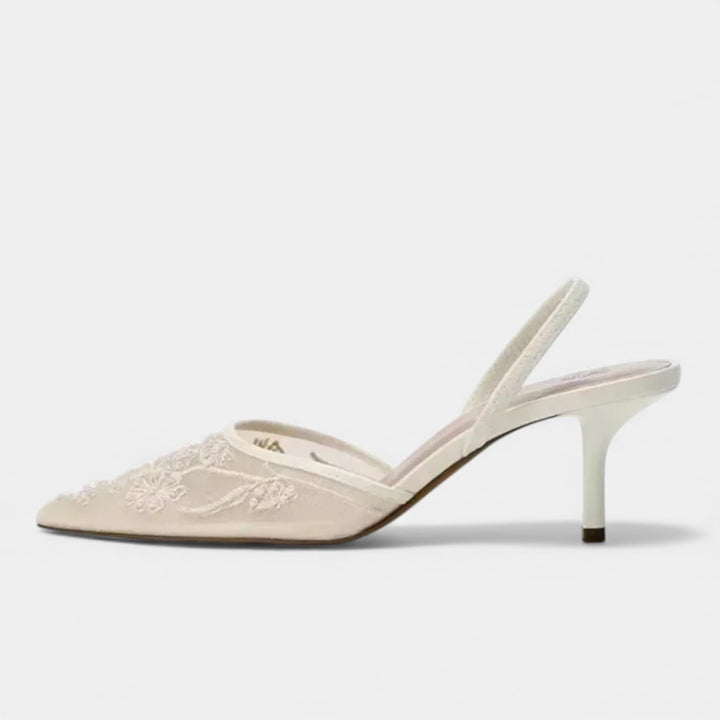 Embroidered Mesh Pointed Toe Mule Heels