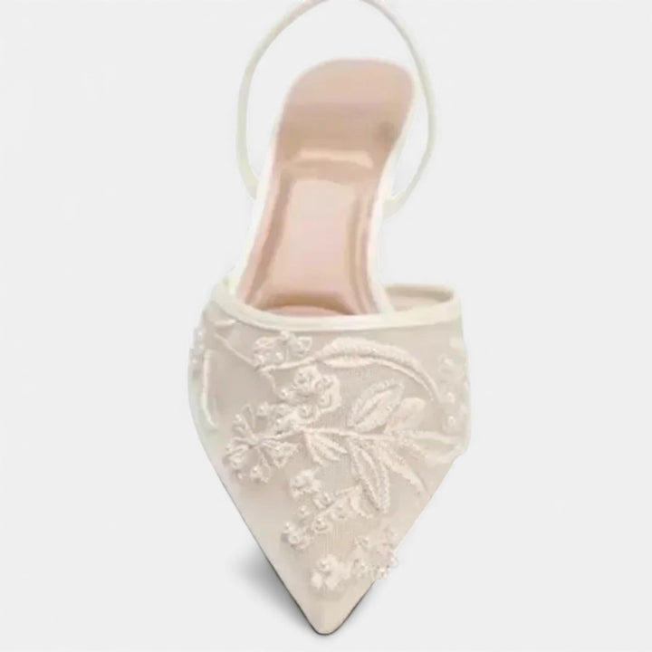 Embroidered Mesh Pointed Toe Mule Heels