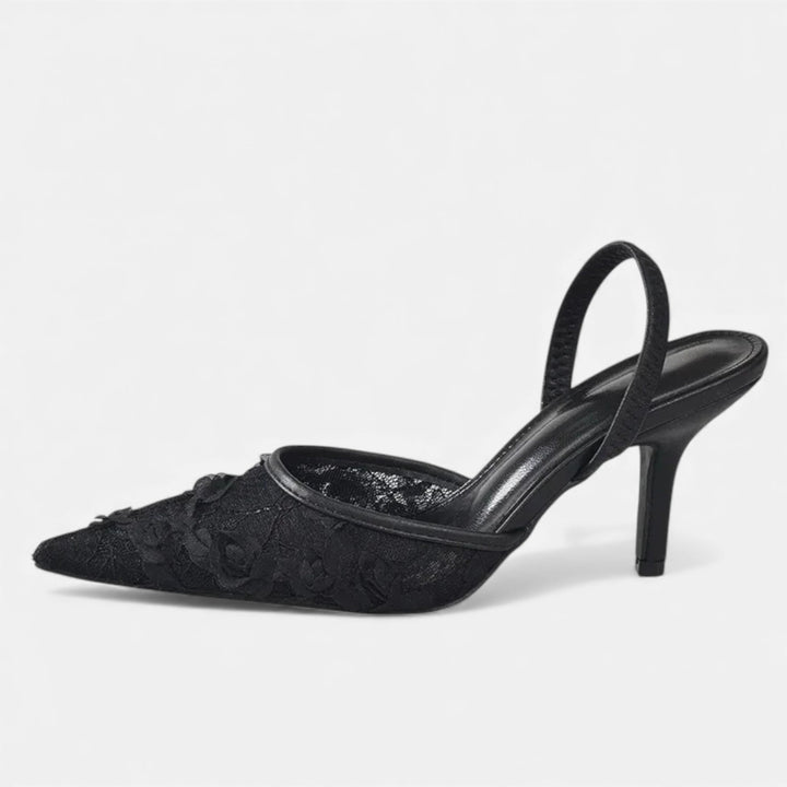 Embroidered Mesh Pointed Toe Mule Heels