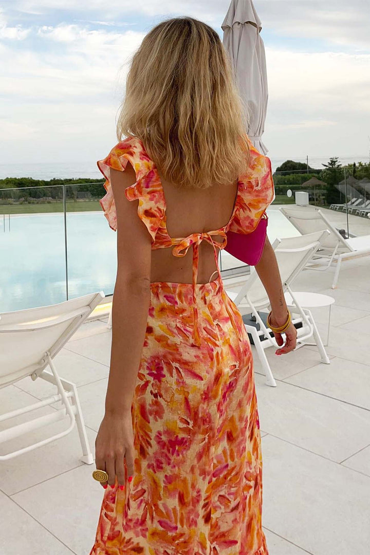 Floral Ruffle V Neck Maxi Dress