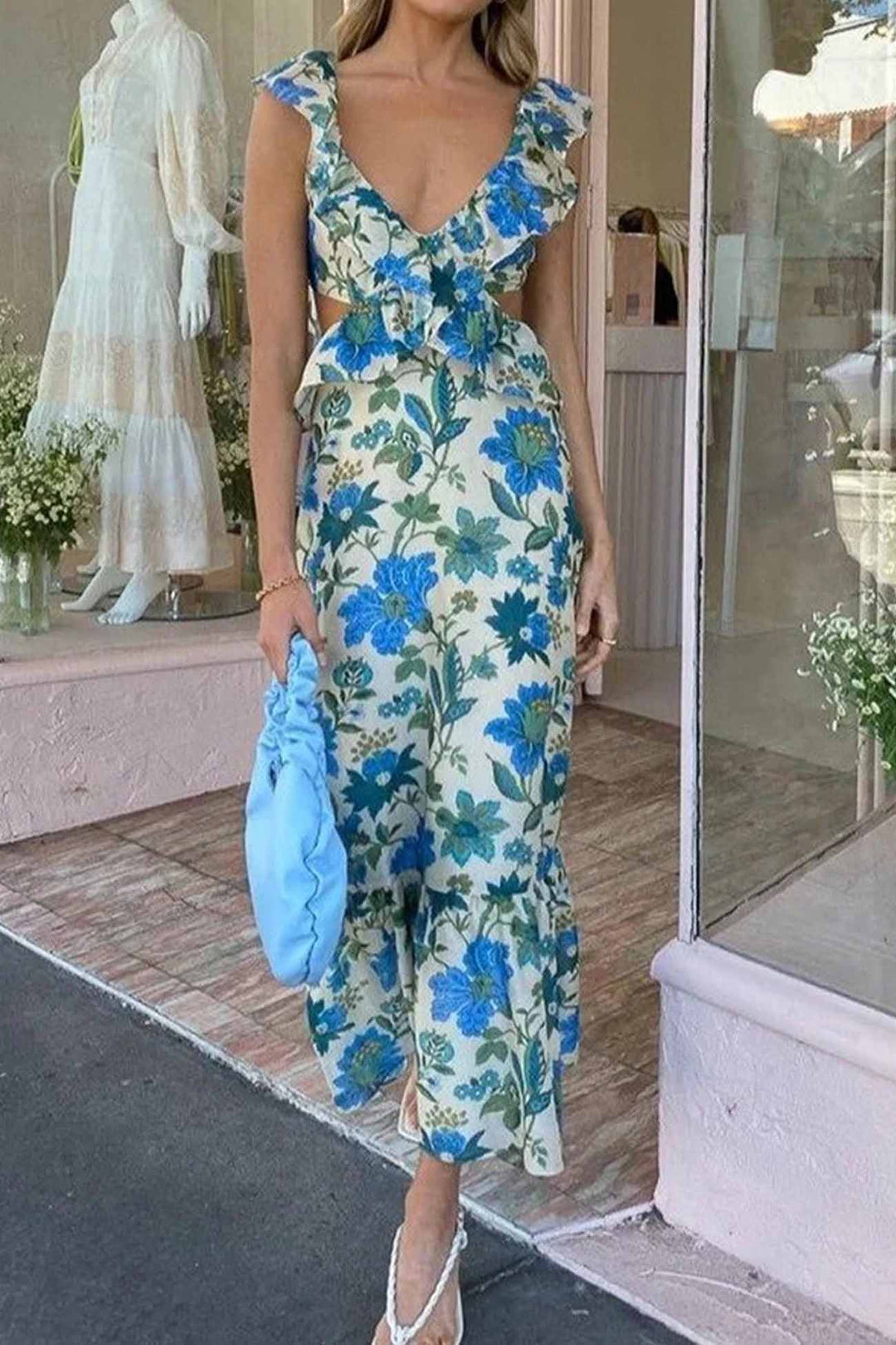 Floral Ruffle V Neck Maxi Dress