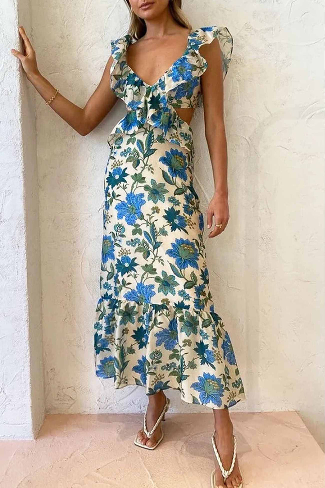 Floral Ruffle V Neck Maxi Dress