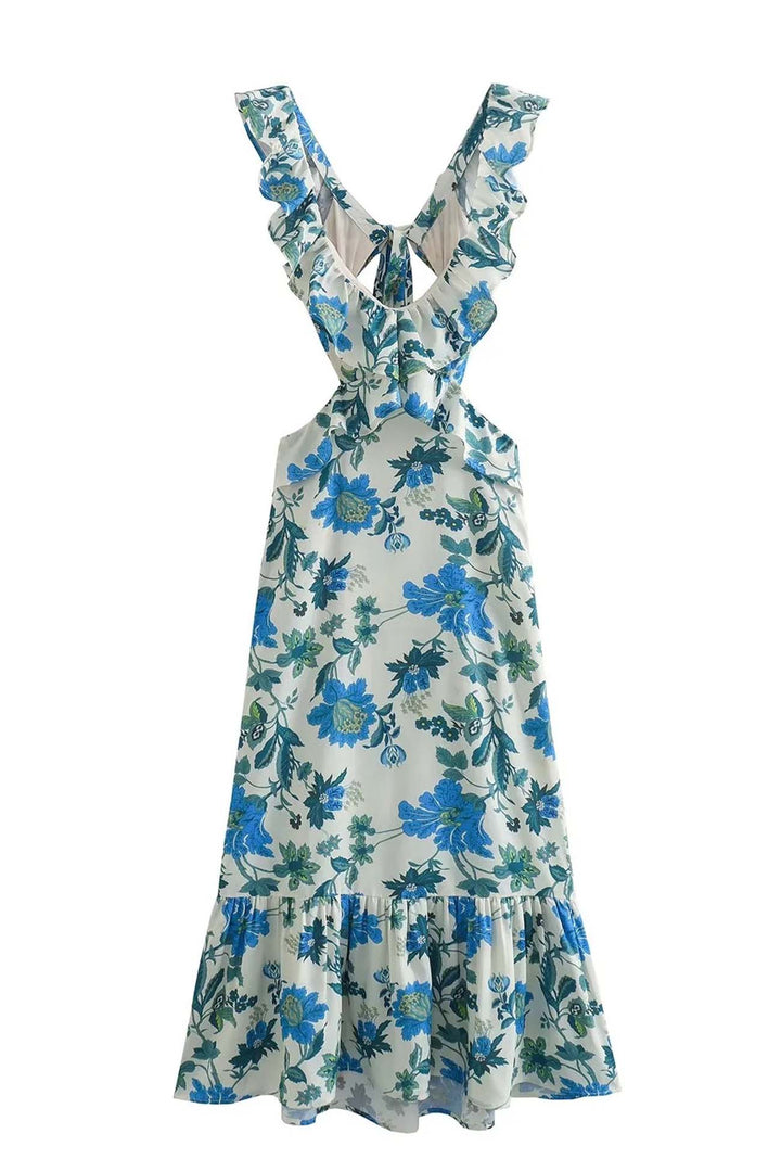 Floral Ruffle V Neck Maxi Dress