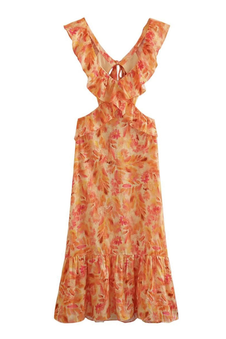 Floral Ruffle V Neck Maxi Dress