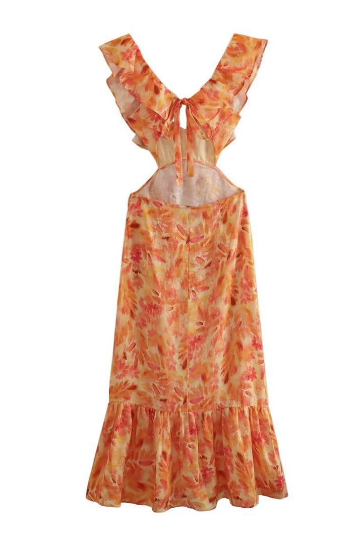 Floral Ruffle V Neck Maxi Dress