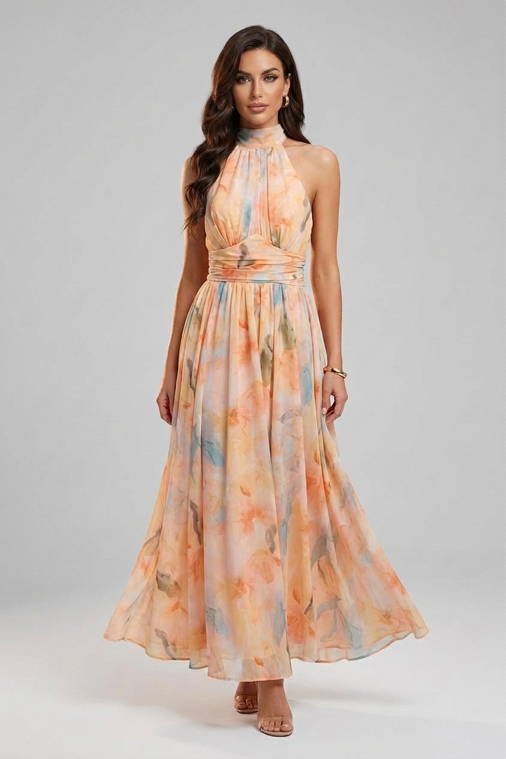 Elisa | Watercolor Halter Maxi Dress