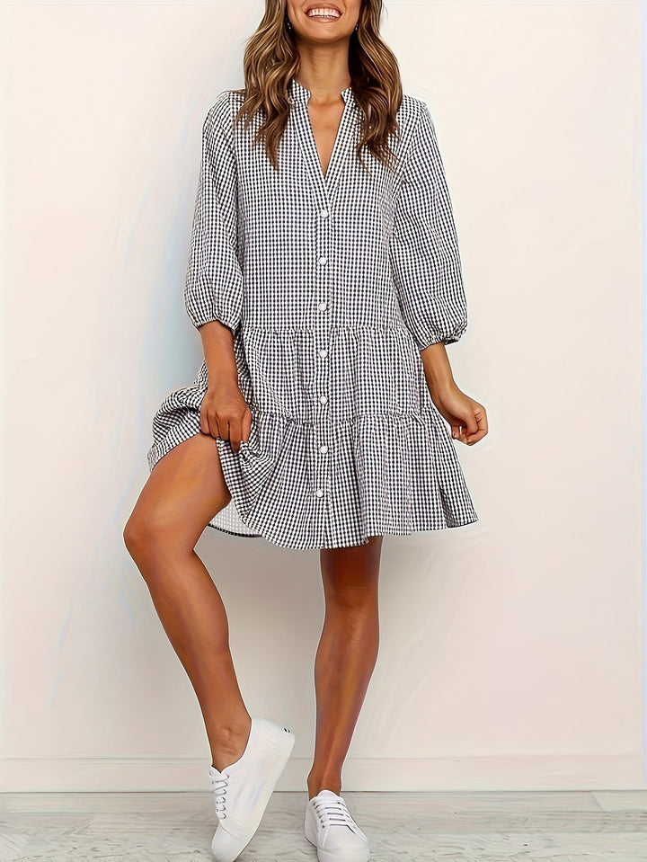 Gingham Button-Front Tiered Mini Dress