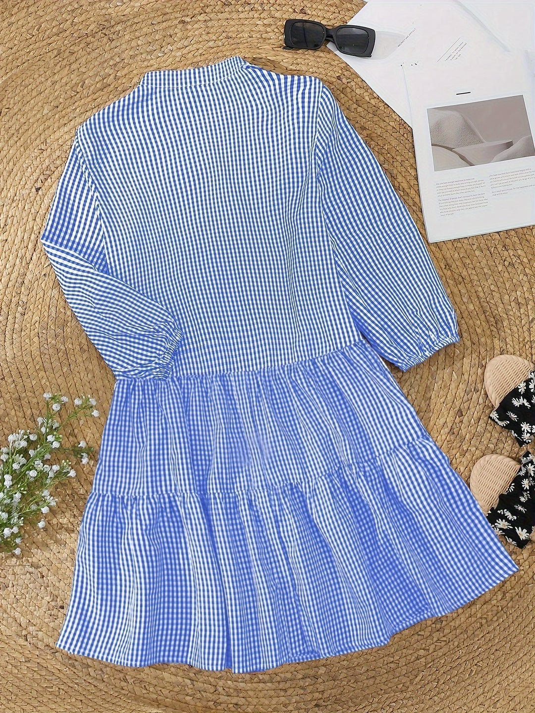 Gingham Button-Front Tiered Mini Dress