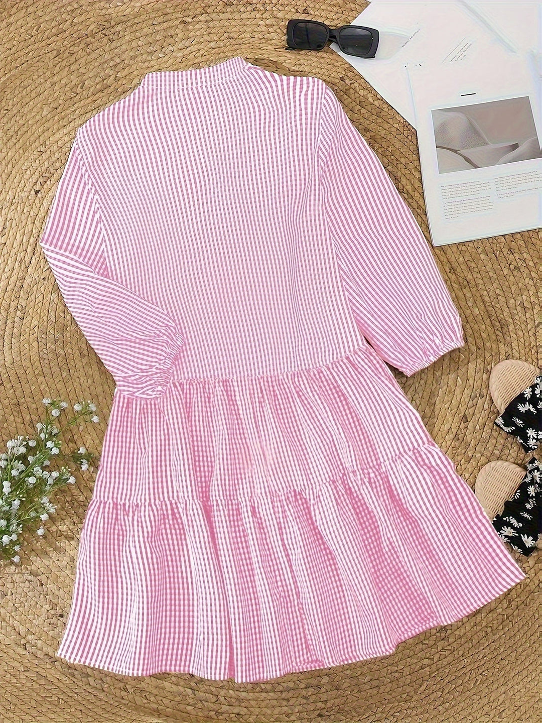 Gingham Button-Front Tiered Mini Dress