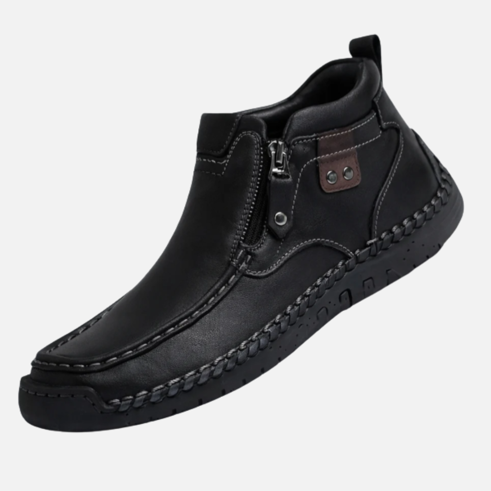 Men's casual zip leather boots, close up of side zip