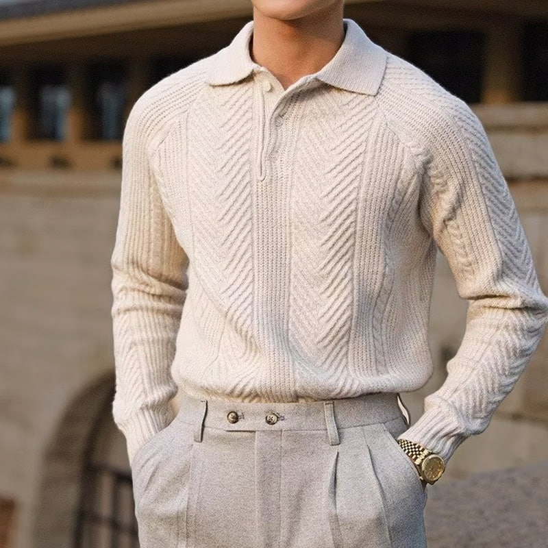 Men's chevron knit polo jumper, front view
