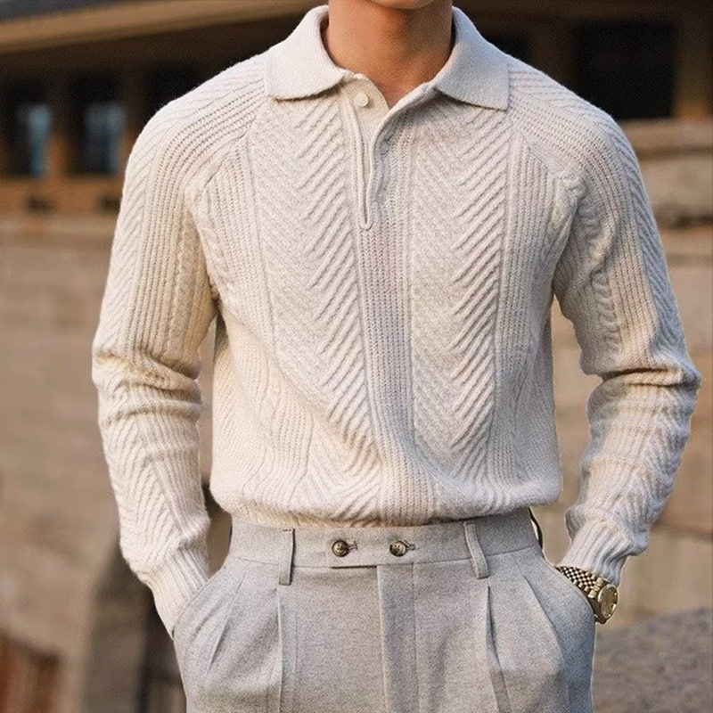 Men's chevron knit polo jumper, close up of chevron pattern