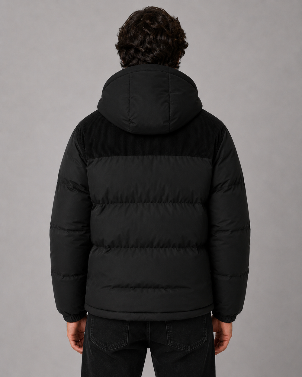 Men's colour block hooded puffer jacket, close up of corduroy chest panel