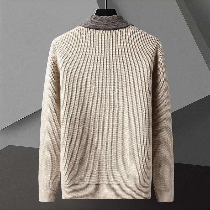 Men's cotton blend knit cardigan, close up of turn-down collar