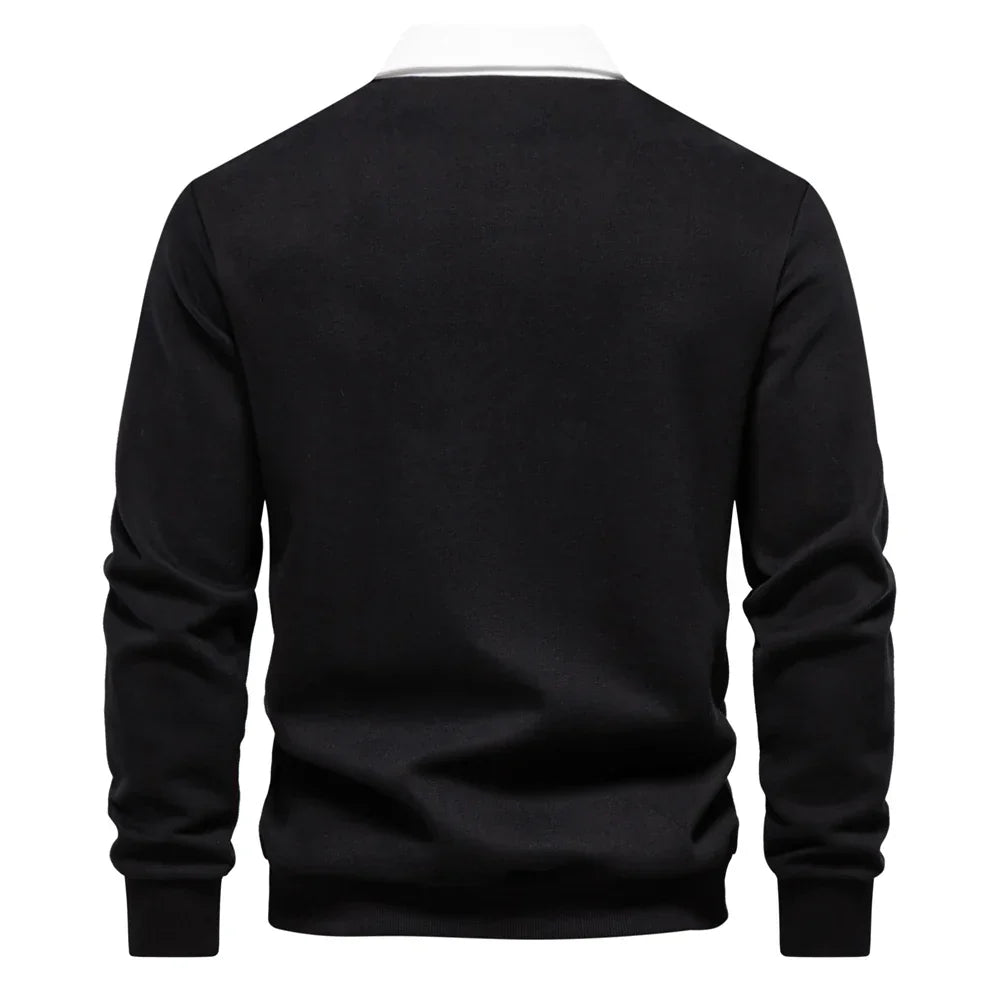 Men's cotton blend polo sweatshirt, close up of turn-down collar
