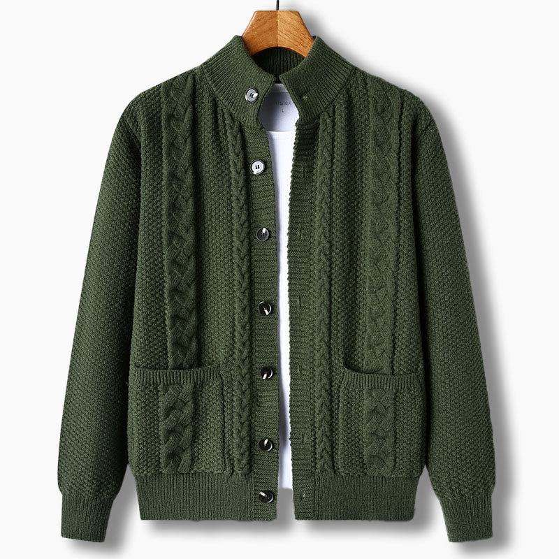 Men's criss-cross knit cardigan, front view