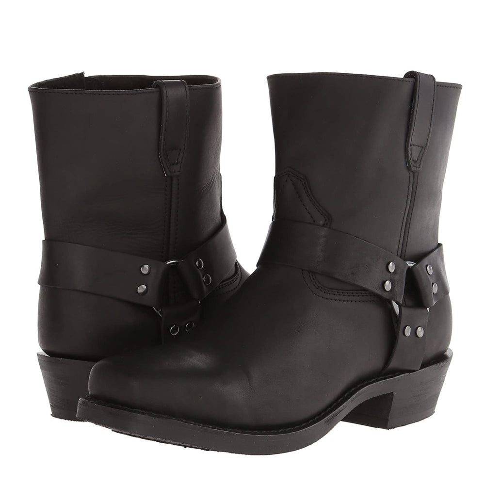 Men's faux leather harness boots, close up of harness buckle strap
