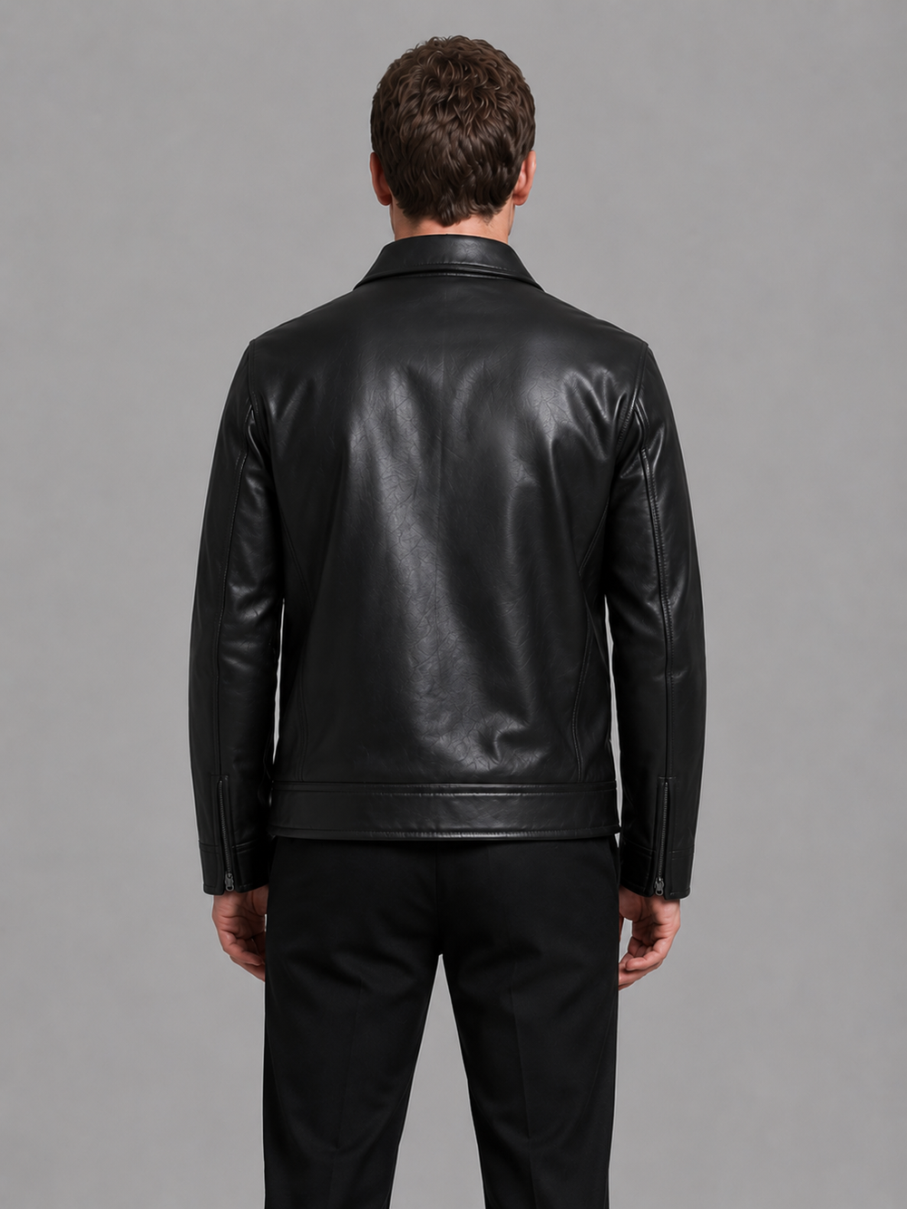 Men's faux leather jacket with zip pockets, styled shot