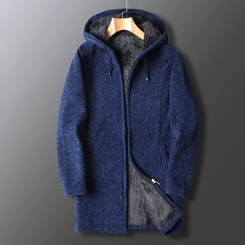 Men's fleece lined hooded coat, close up of adjustable hood