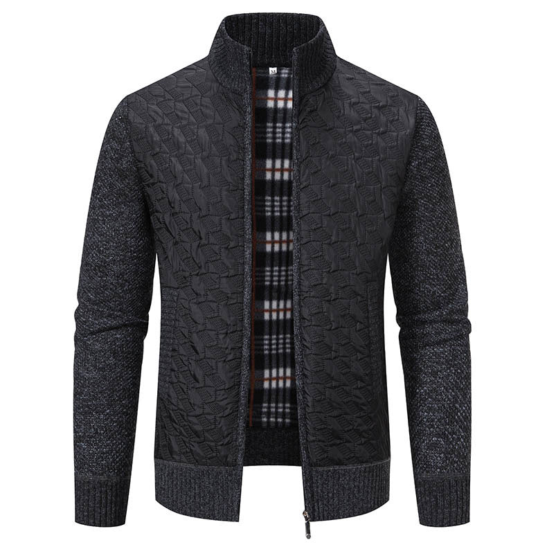 Men's fleece zip jacket with stand collar, close up of stand collar