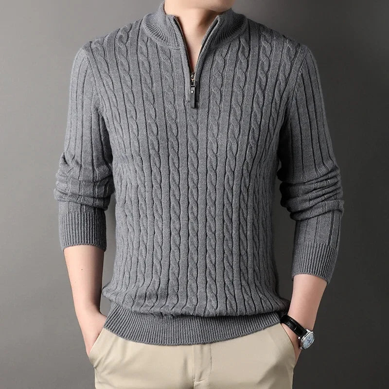 Men's half-zip knit jumper, close up of half-zip closure