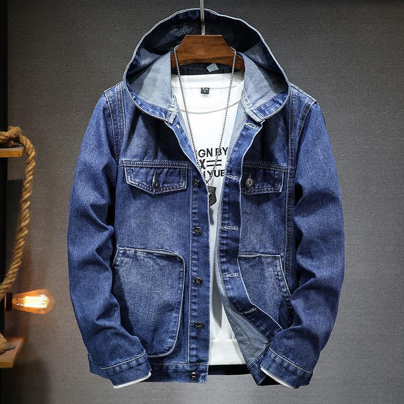 Men's hooded denim jacket, front view