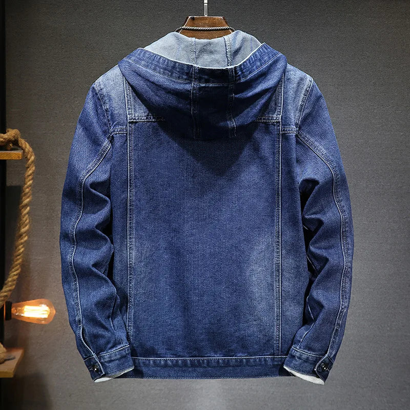 Men's hooded denim jacket, close up of hood