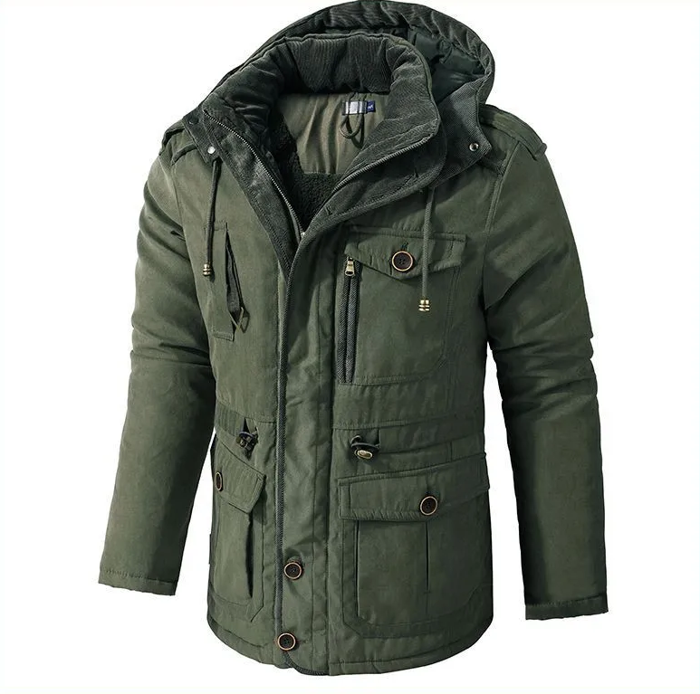 Men's insulated hooded parka, close up of hood