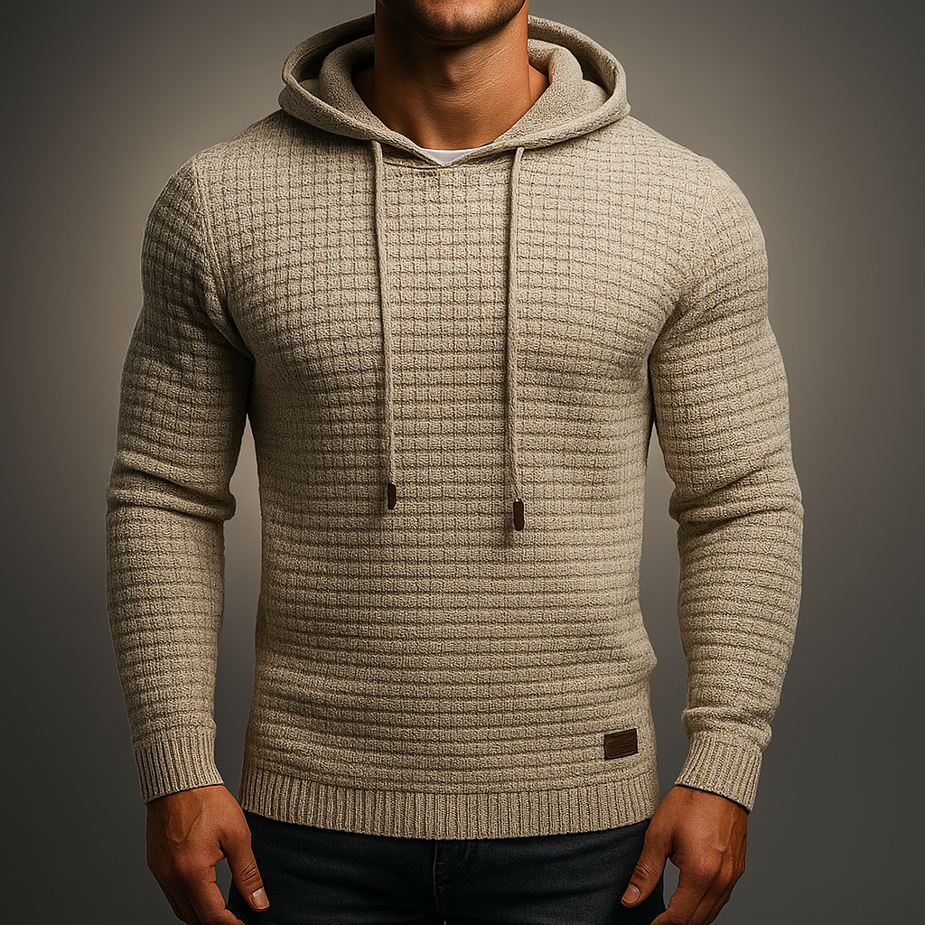 Men's knit hoodie, front view