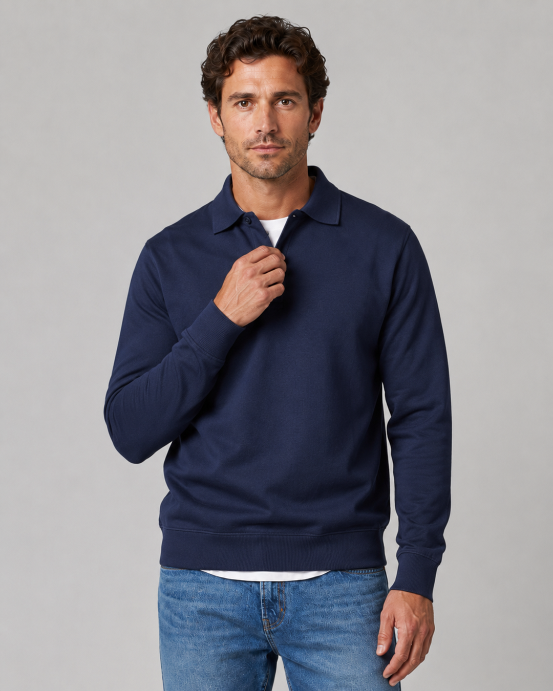 Men's long sleeve polo sweatshirt, front view
