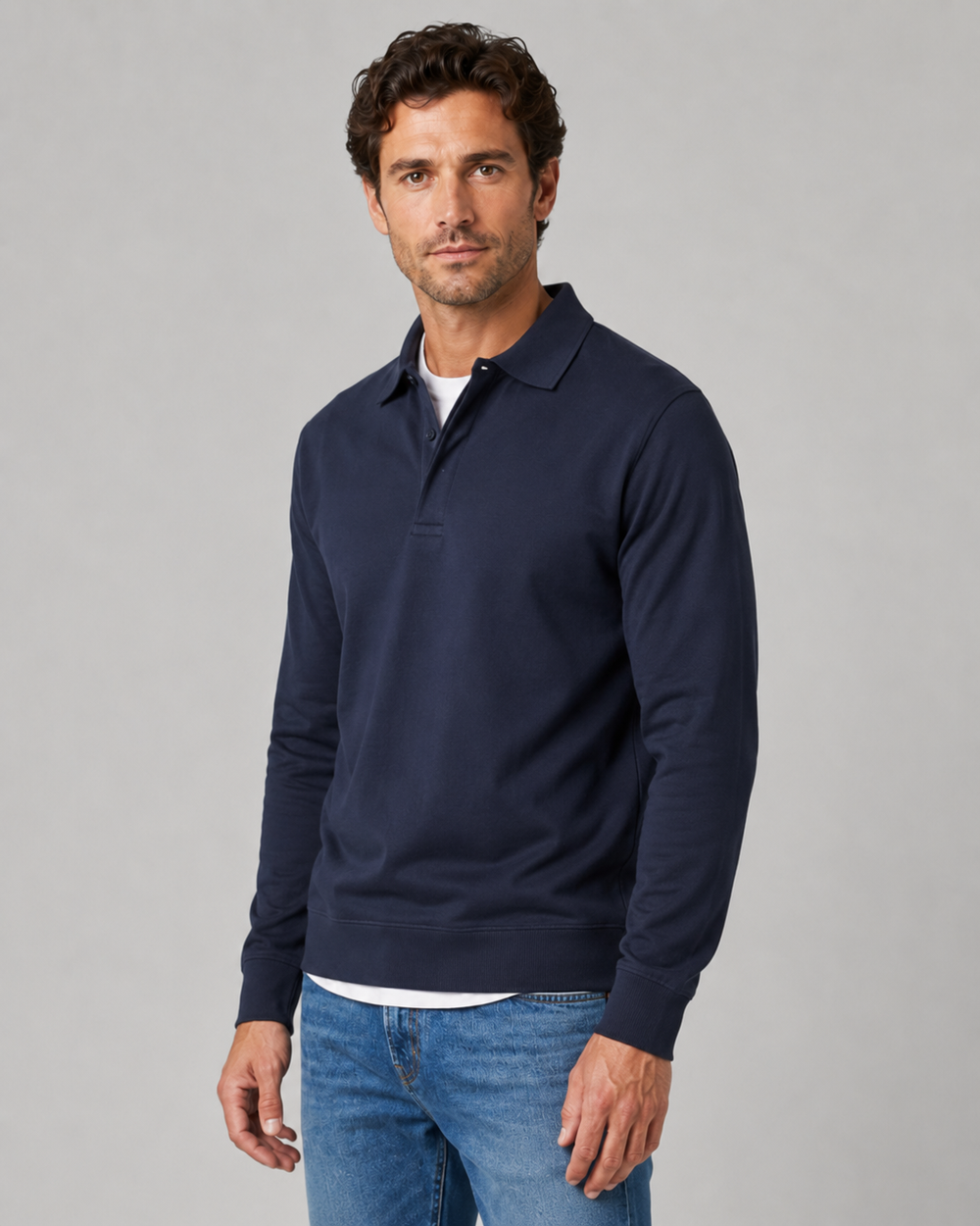 Men's long sleeve polo sweatshirt, close up of collar and placket